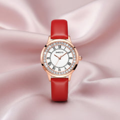 Liquid Sand Watch, Diamond Quartz Watch, Waterproof Leather Strap Red