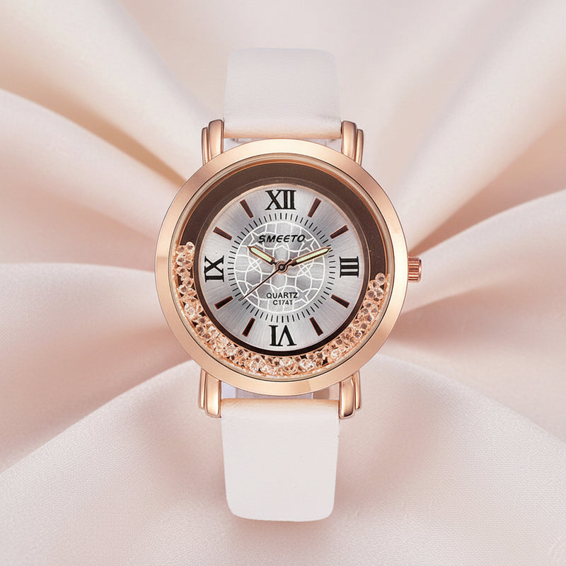 Liquid Sand Watch, Diamond Quartz Watch, Waterproof Leather Strap White