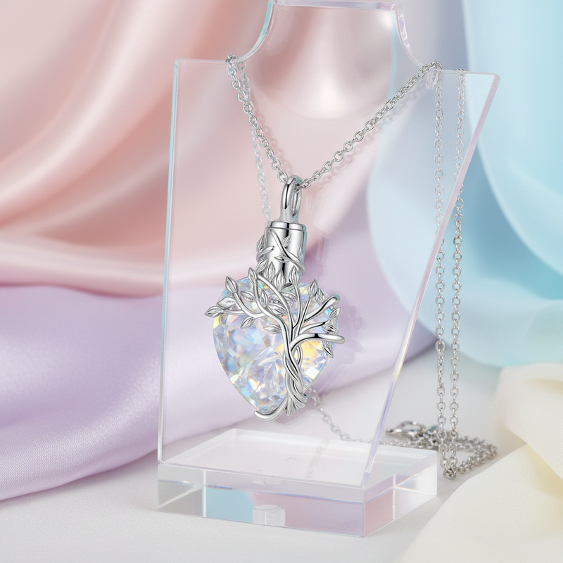 Tree of Life Heart Urn Necklace with Gemstone Pendant