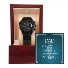 A Son's First Hero - Black Chronograph Watch Mahogany Style Luxury Box