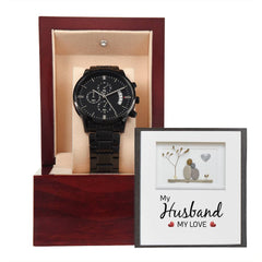 My Husband My Love - Black Chronograph Watch Mahogany Style Luxury Box