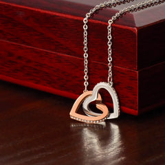 Interlocking Hearts Necklace Polished Stainless Steel and Rose Gold Finish Luxury Box