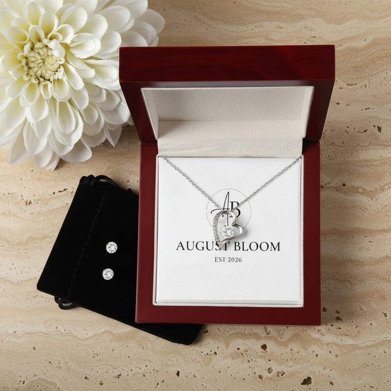 Forever Love Necklace and Cubic Zirconia Earring Set 14k White Gold Finish Luxury Box