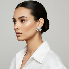 Fan-Shaped Stud Earrings with Full Rhinestones White gold Standard edition