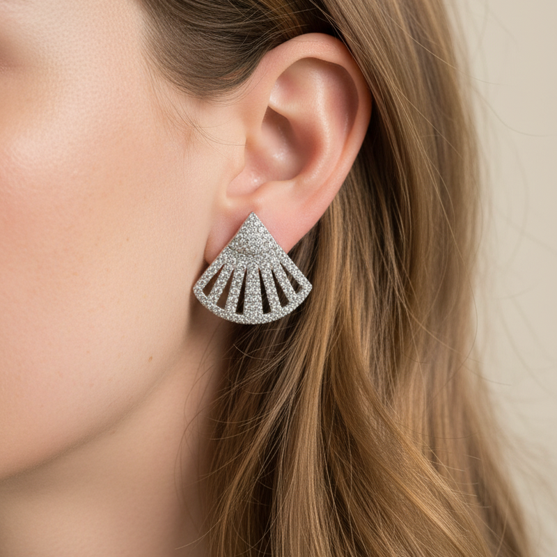 Fan-Shaped Stud Earrings with Full Rhinestones